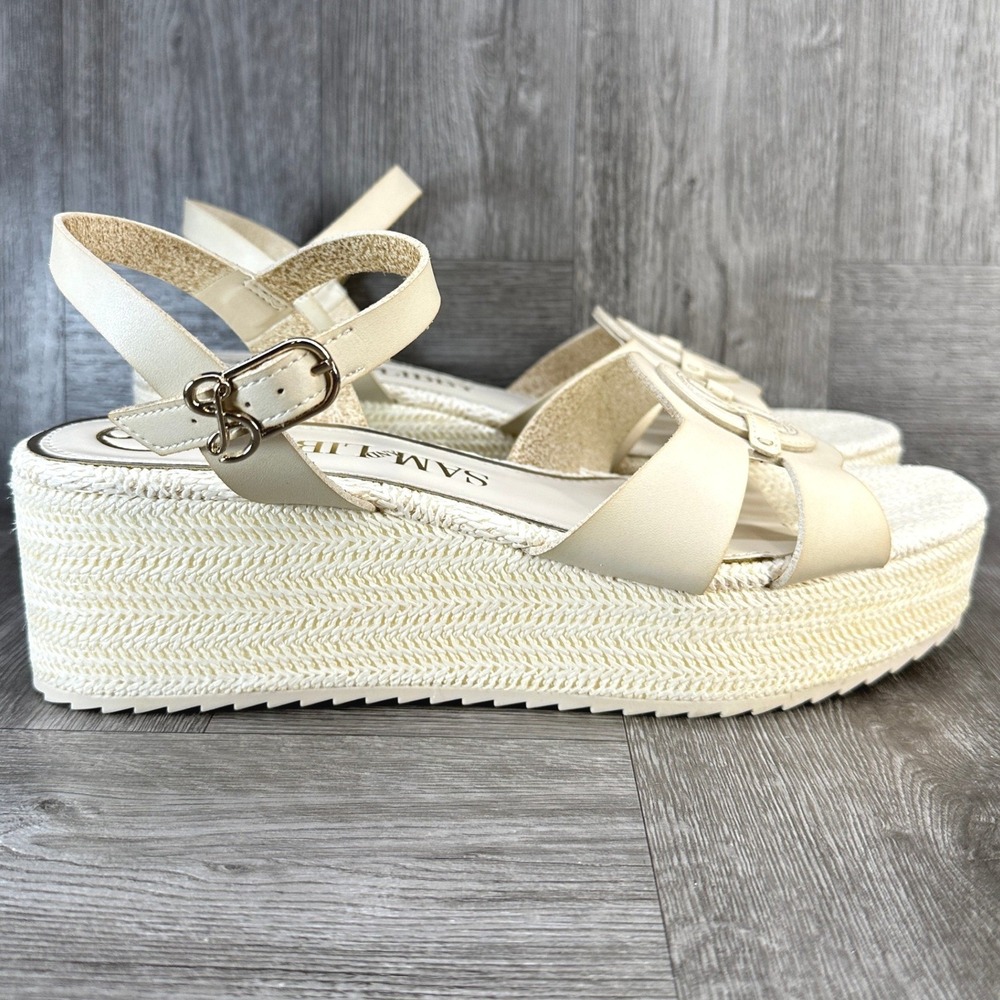 Sam Libby Platform Sandals Womens 9.5 Cream‎ Espadrille Wedge Logo Strappy NEW